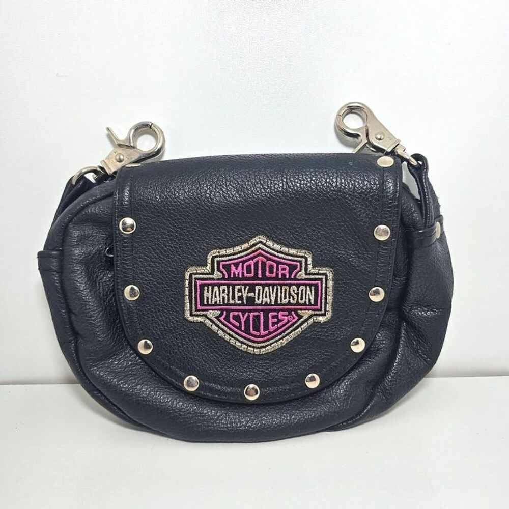 Harley Davidson Woman's Studded Black Clip Crossbody Purse Black Leather + Pink